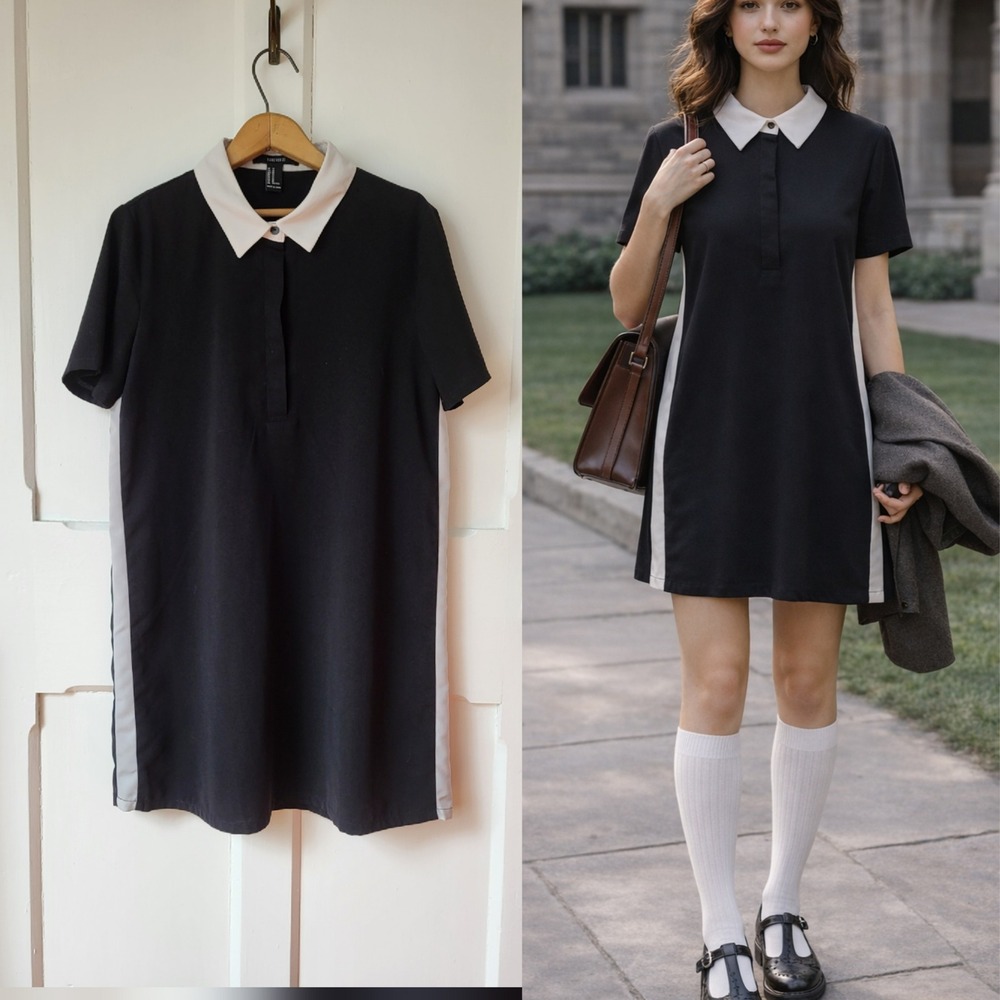Black White Collared‎ Mini Dress Medium Academia